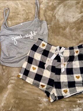 NWOT Gray 'Good Night' Cami & Black-White Plaid Heart Sleep Short Set